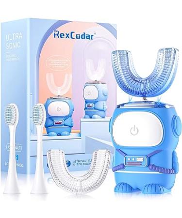 RexCodar Ultrasonic Kid's U-Shaped Electric Toothbrush, IPX7 Waterproof, Five Cleaning Modes, 60S Smart Reminder Cartoon Astronaut Design (Blue Ages 6-12)