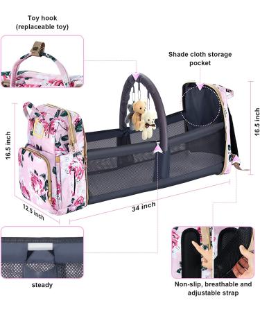 Motababy Floral Diaper Bag Backpack with Changing Station  Detachable Foldable Baby Bed for Bady Toddler  3 in 1 Large Capacity Newborn Essentials Organizer with Stroller Hook for Girls and Boys(Pink) - Buy Online on GoSupps.com