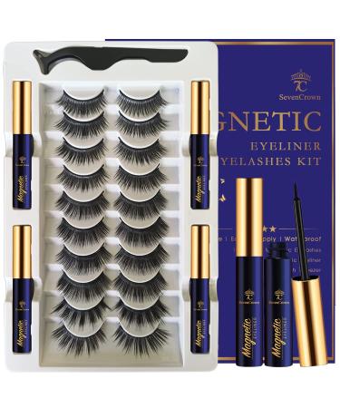 3D Magnetic Eyelashes with Eyeliner Kit - SevenCrown Magnetic Lashes Natural Looking with Upgraded 4 Tubes of Magnetic Liner Waterproof  Long Lasting 10 Pairs Reusable False Eyelashes Easy to Apply. Kit B: 10 pairs+4 tub...