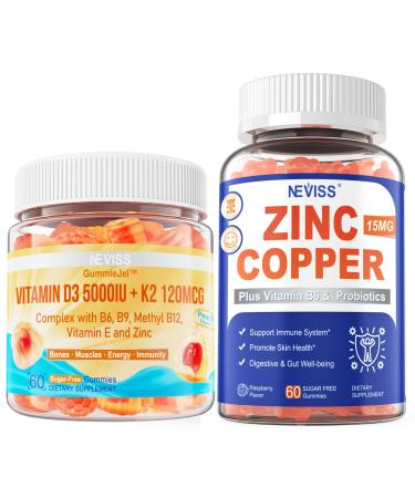 NEVISS Vitamin D3 5000IU + K2 (MK-7) 120mcg+Zinc Copper Gummies