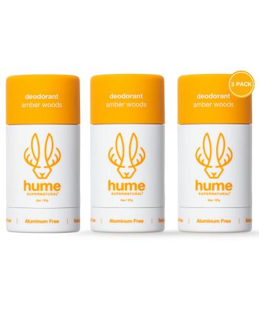 Hume Supernatural Aluminum Free Deodorant for Women & Men - Safe for Sensitive Skin - Probiotic Plant-Based Baking Soda Free Aloe & Cactus Flower Anti Sweat Stain & Odor - Amber Woods 3-Pack Amber Woods - 3 pack