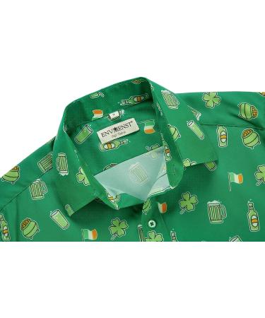 ENVMENST Men's St. Patrick's Day Hawaiian Shirt - Green Clover Print, Casual Short Sleeve Button Up (Large) - Buy Online on GoSupps.com