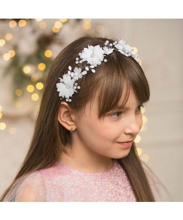 IYOU Flower Girl Headpiece Floral White Headbands Pearl Wedding Hair Vines Bridal Communion Hair Accessories for Girls