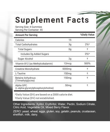 Sugar Free Creatine Monohydrate Gummies - 5g for Men & Women with L-Taurine Alpha GPC & Vitamin B12 | International Shipping Available - Buy Online on GoSupps.com