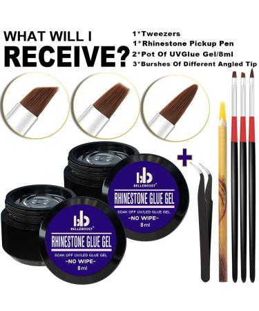 Nail Art Rhinestone Glue Gel Set | 8mlx2 No Wipe Adhesive Resin for Gem Jewelry | LED Light Cure Needed | Clear Gel Polish Decoration Kit with Tools - 3 Brushes, Pickup Pen, Tweezer - Buy Online on GoSupps.com