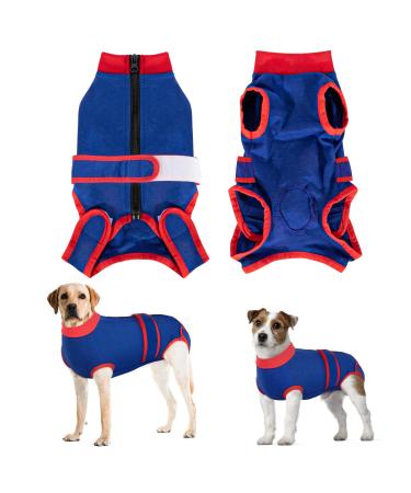 Eyein Dogebody after op breathable soft one-piece for dogs with zipper and belt to protect wounds e-neck band Alternative for pets (red blue XXL) XXL red-blue