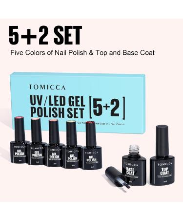 Tomicca UV Nail Polish Set - 5 Color Gel Nail Polish with Base & No Wipe Top Coat | Starter Kit Gift - 7 x 8ml | Perfect for French Nail Studio - Buy Online on GoSupps.com