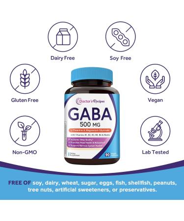 Doctor's Recipes GABA Magnesium Glycinate L-Theanine Supplement GABA (Gamma-Aminobutyric Acid) 500mg Vitamin B6 B1 B2 B3 B5 Biotin Calm Sleep Relaxation Mood Support 90 Veggie Capsules - Buy Online on GoSupps.com