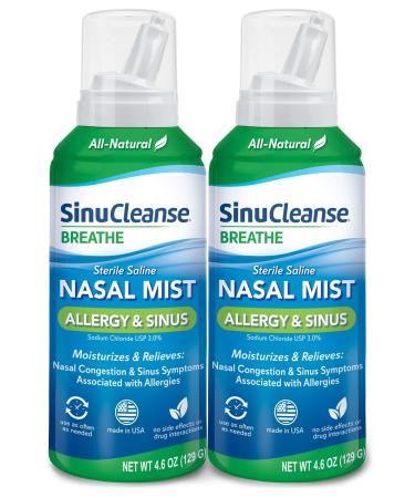 SinuCleanse Allergy & Sinus Sterile Saline Nasal Mist, Instantly Moisturizes and Relieves Nasal Congestion & Sinus Symptoms Associated with Allergies, 4.6 Ounce (Pack of 2) Allergy & Sinus Nasal Mist 4.6 Ounce (Pack of 2)