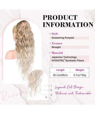 REECHO Long Beach Wave Drawstring Ponytail Extension 26 - Synthetic Hairpiece for Women - Dark Blonde with Light Blonde Ends - Buy Online on GoSupps.com