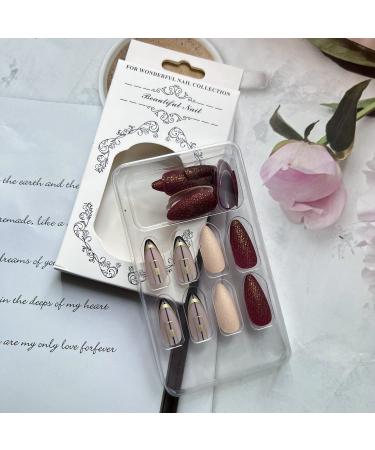 24 Pcs Almond Dark Red Press on Nails | Shiny Powder Frosted Black Line Design | Medium Length Fake Nails for Women - Buy Online on GoSupps.com