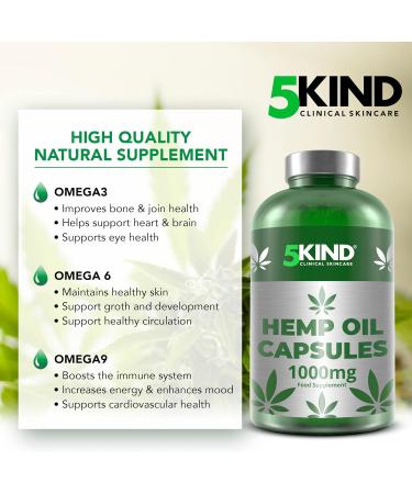 Hemp Seed Oil Capsules 1000mg - 180 Soft Gel Virgin Cold Pressed Tablets by 5kind - Omega 3 6 9 Rich - Buy Online on GoSupps.com