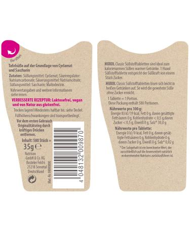 Huxol Classic 580 Tablets - Vegan Gluten-Free Sugar Replacement with Cyclamat & Saccharin | Low-Calorie Sweetener | Halal & Lactose-Free - Buy Online on GoSupps.com