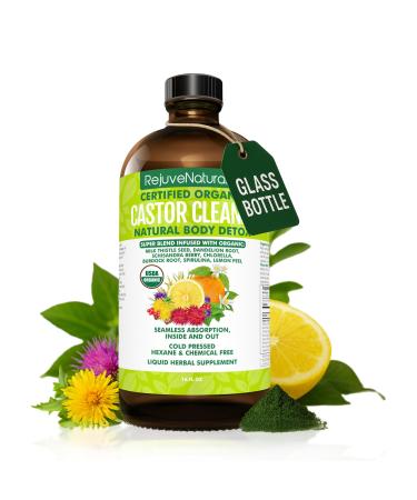 RejuveNaturals Castor Cleanse - USDA Organic Castor Oil, Chlorella, Spirulina, Roots & Greens for Wellness, Digestive Support, Daily Balance. 3-Month Supply Gut Cleanse Detox for Women & Men - 16oz.