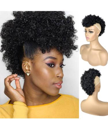 Afro Puff Mohawk Ponytail Jerry Curly Non Drawstring Ponytail Clip in Synthetic Fauxhawks Afro Puff Bun with Bangs Short Afro Kinky Curly Hair Bun Warp Hair Extensions with 6 BB Clips Mohawk 4x11 1B Black