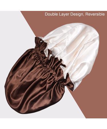 Satin Bonnet Silk Double Layer 2 Pack for Women - Khaki + Brown | Soft Elastic Band Night Head Cover for Girls - Buy Online on GoSupps.com