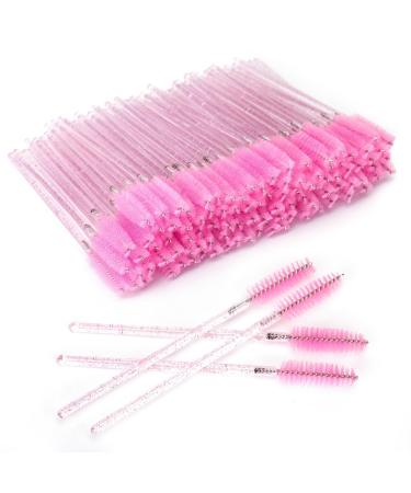 G2PLUS 100 PCS Disposable Eyelash Brushes - Pink Eyelash Spoolies - Crystal Mascara Wands -Eyelash Extension Brush Applicator for Eyelash Extensions 100 Count (Pack of 1) Pink