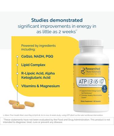 Researched Nutritionals ATP 360 - Mitochondrial Supplements to Support Entire Energy Cycle & Cell Membranes - Clinically Researched ATP Supplements, High Dose CoQ10, R-Lipoic Acid & PQQ, 90 Capsules - Buy Online on GoSupps.com