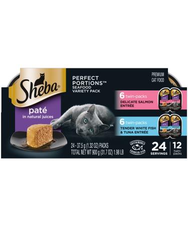 SHEBA PERFECT PORTIONS Wet Cat Food Pat in Natural Juices Delicate Salmon Entre & Tender Whitefish & Tuna Entre Variety Pack, 2.6 oz, 24 Servings (Pack of 2)