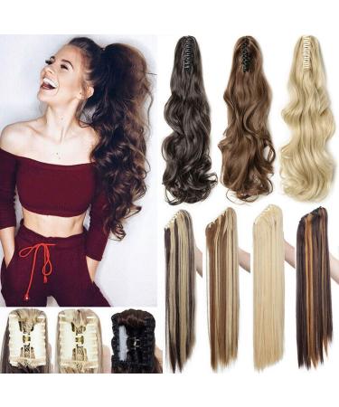 Long Short Claw Ponytail Hair Extensions One Piece Cute Clip in on Ponytail Jaw Claw on Straight Curly Hairpiece Brown Blonde Black Ombre 24" Curly Light brown & ash blonde