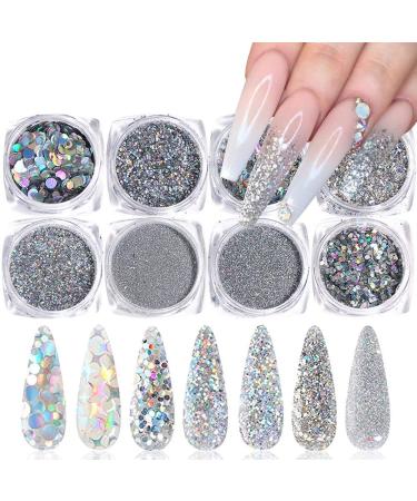 Holographic Nail Art Glitters - Nail Art Supplies Sequins - 3D Laser Nails Glitter Flakes - Shiny Acrylic Nails Powder Dust - Silver Nail Confetti Nail Art Decoration Sparkles for Manicure Tips 8Pcs