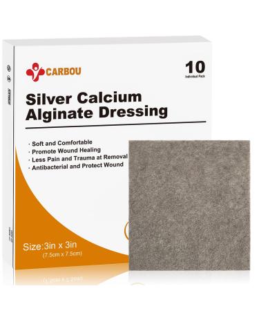 Carbou Silver Calcium Alginate Wound Dressing with Ag 3'' x 3'' Patches 10 Individual Sterile Pads Soft and Highly Absorbent Dressing Gauze Non-Stick Padding Silver 3x3In(Pack of 10)