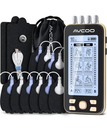 AVCOO 4 Channel TENS EMS Unit 24 Modes Muscle Stimulator for Pain Relief Therapy, Rechargeable Electronic Pulse Massager Machine with 12 Pads, Dust-Proof Bag, Fastening Cable Ties.