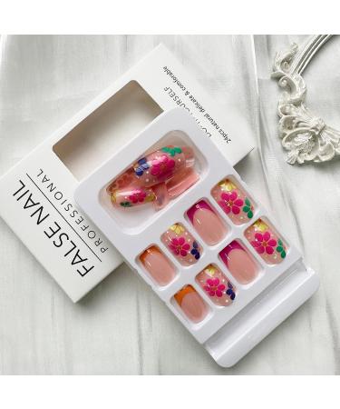 Colorful Flowers French Tip Press On Nails - 24Pcs Square False Nails with Daisy Designs for Women & Girls | Acrylic Full Cover Short Fake Nails for Summer Manicure - Buy Online on GoSupps.com