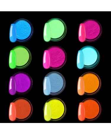 Kalolary 12 Boxes Neon Color Nail Powder Luminous Pigment Nail Powder Acrylic Nail Powder Art Gradient Powder Rainbow Nail Glitter for DIY Nail Decoration for Halloween Christmas