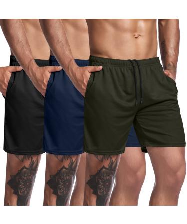 COOFANDY Men's 3 Pack Gym Workout Shorts Mesh Weightlifting Squatting Pants Training Bodybuilding Jogger with Pocket Black / Army Green / Navy Blue Large