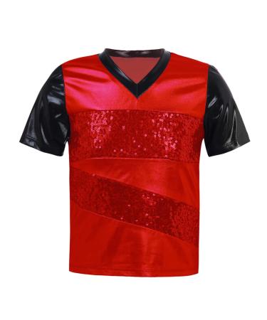 JanJean Kids Boys Short Sleeve V Neck Shiny Sequins Patchwork Dance Shirt Blouse Top Jazz Latin Dance Performance Wear Red 16 Years