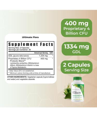 Youngevity Ultimate Flora FX Prebiotic and Probiotic Supplement Supports Digestive Health and Gut Microbiome 4 Billion CFU Glucono Delta Lactone 60 Vegetarian Capsules 60 Count (Pack of 1) - Buy Online on GoSupps.com