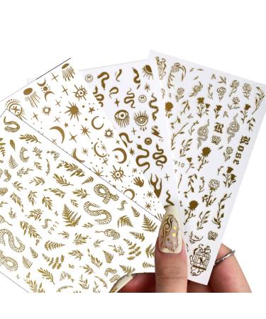 4 Sheets Gold Nail Stickers Bronzing Rose Snake Eyes Heart Nail Art Decorations 3D Self-Adhesive Stickers for Acrylic Nail Art Design Women Nail Decorations Ch-zjt-jo-f909
