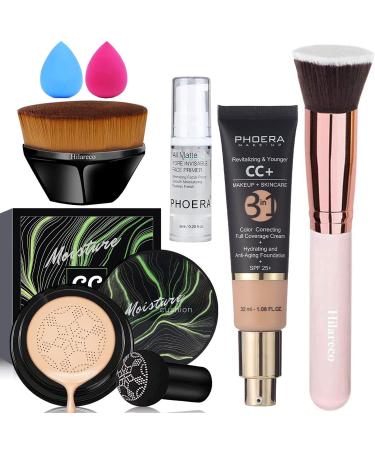 Air Cushion CC Cream Natural Foundation,PHOERA CC+ Cream Color Correcting Anti Aging Hydrating Serum &SPF 25+,PHOERA Face Primer, Kabuki Brush Foundation Makeup Sponge(# 03 Nude CC +120 Nude CC)