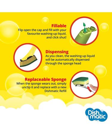 Dishmatic Fillable Washing up Brush and Sponge with 3X Refills - Easy Grip Dish Cleaner + Bonus - General Purpose Dishmatic Brush - Buy Online on GoSupps.com