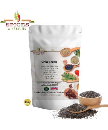 Organic Chia Seeds 500g - Premium Quality by Spices&herbsuk | High Protein Omega-3 Fibre | Raw Black, Perfect for Healthy Diets, Salads & Breakfast - Buy Online on GoSupps.com