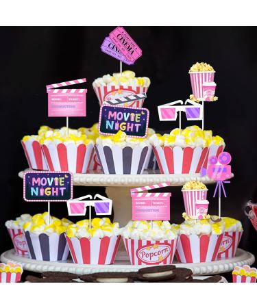 24 Pcs Movie Night Cupcake Toppers - Pink Girl Movie Night Birthday Party Supplies Double Sided Paper Cinema Cake Decorations Backyard Popcorn Movie Theme Baby Shower Decor - Buy Online on GoSupps.com