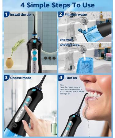 Professional Cordless Water Flosser with 3 Modes & 4 Jet Tips - IPX7 Waterproof Dental Oral Irrigator for Braces Gums - 300ml Tank - Home & Travel (Black) - Buy Online on GoSupps.com