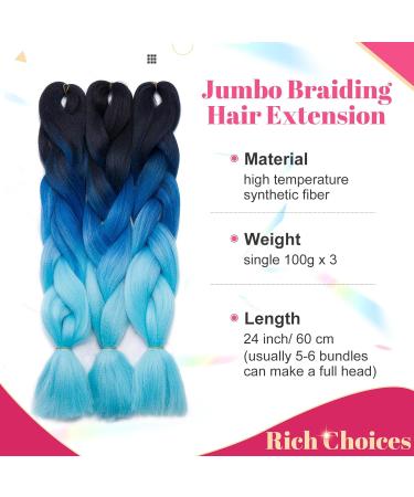 Buy 60cm Ombre Crochet Braids - Dark Black to Sky Blue Synthetic Hair Extensions | 3 PCs - 300g - Buy Online on GoSupps.com