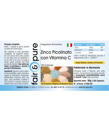 Fair & Pure - Zinc Picolinate + Vitamin C - 15mg Zinc & 100mg Vitamin C per daily dose - vegan - 120 capsules - Buy Online on GoSupps.com