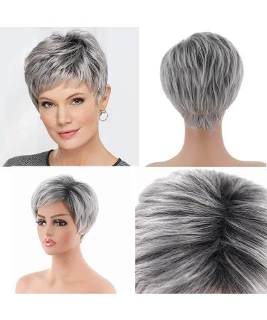 Gray Temperament Wig with Oblique Bangs for Women - Natural Daily Wear for Middle-Aged Women, Girls | Fluffy Short Hair, Black Gradient Silver Texture - Buy Online on GoSupps.com