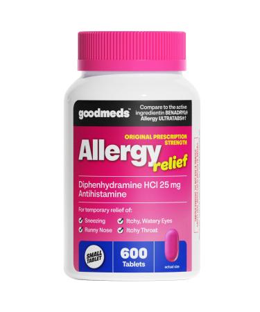 GoodMeds Allergy Medicine Antihistamine Diphenhydramine HCl 25 mg | Children and Adults | Relieve Itchy Eyes Runny Nose Sneezing (25 mg 600 Tablets)