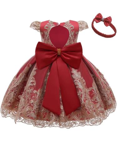 Myrisam Baby Girl Embroidered Birthday Christening Dress | Backless Wedding Party Baptism Gown w/ Headwear | 0-3 Months | Deep Red - Buy Online on GoSupps.com