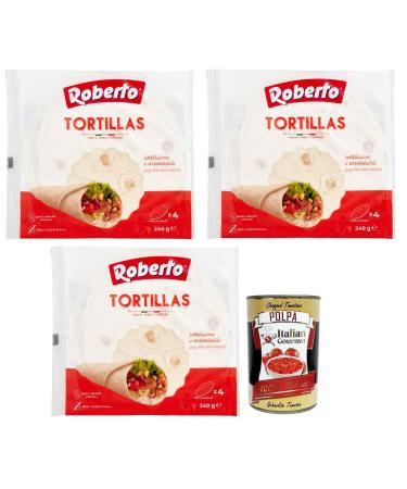 Italian Gourmet E.R. Roberto Tortillas Set of 3 - 240g - Each pack contains 4 white wheat tortillas + Italian Gourmet Polpa di Pomodoro 400g
