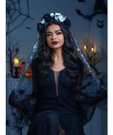 IYOU Spider Halloween Veil Headband Black Flower Hair Bands Skull Floral Headpiece Festival Party Hair Accessories for Women Black-white - Buy Online on GoSupps.com