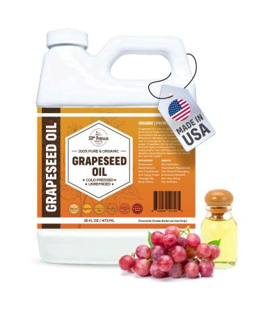 ORGANIC GRAPESEED OIL (16 oz) Cold Pressed Unrefined | 100% Pure Natural, Non-GMO | Available in Bulk | Skin, Hair, Face, Carrier for Essential Oils, Soap Making | 16 FL OZ