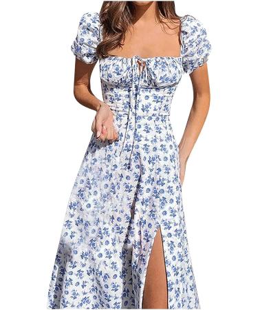 Women's Floral Flowy Boho Midi Dress - Short Sleeve Summer Beach Split Long Dress in Light Blue - Size Small - Buy Online on GoSupps.com