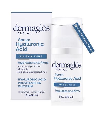 Dermaglos Hyaluronic Acid Serum For Face with Pro Vitamin B5 and Glycerin Hydrates Firms Tones and Reduces Expression Lines Suitable for Sensitive Skin 1 Fl Oz