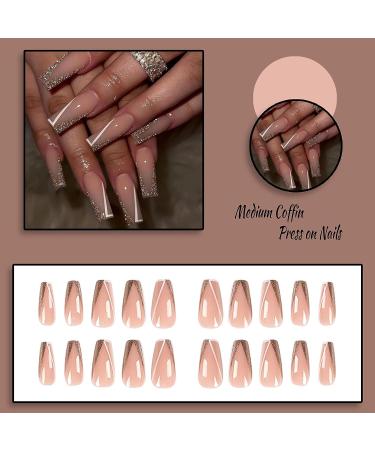 FOAMEE Medium Nude Coffin Fake Nails with Sequins Designs - Acrylic Glossy False Nails for Women - Buy Online on GoSupps.com