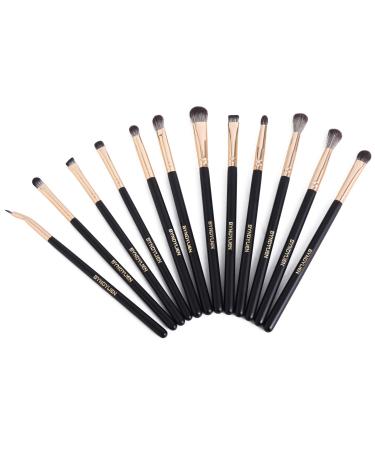 Eye Makeup Brush Set - 12 Pieces Eyeshadow Brushes Eye Blending Brush Concealer Eyeliner Brush and Eyebrow Brush - with Soft Synthetic Bristles Black Wood Handle Champagne Gold Ferrule